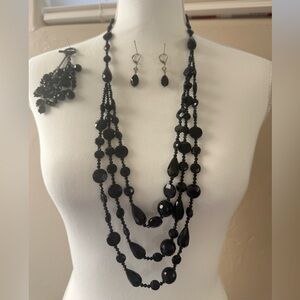Lia Sophia Black Vintage Glass Set Necklace/Bracelet and Matching Earrings